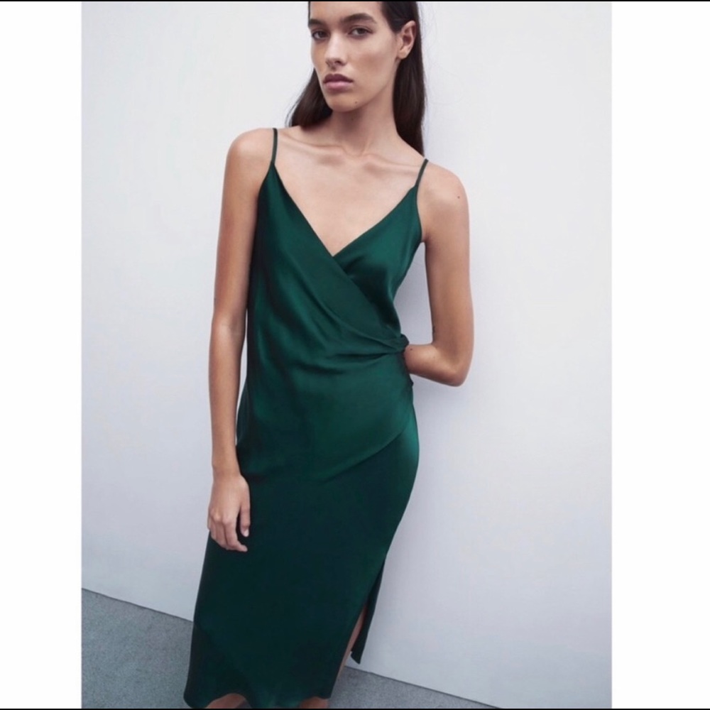 NEW Zara Green Satin Draped Camisole Midi Dress